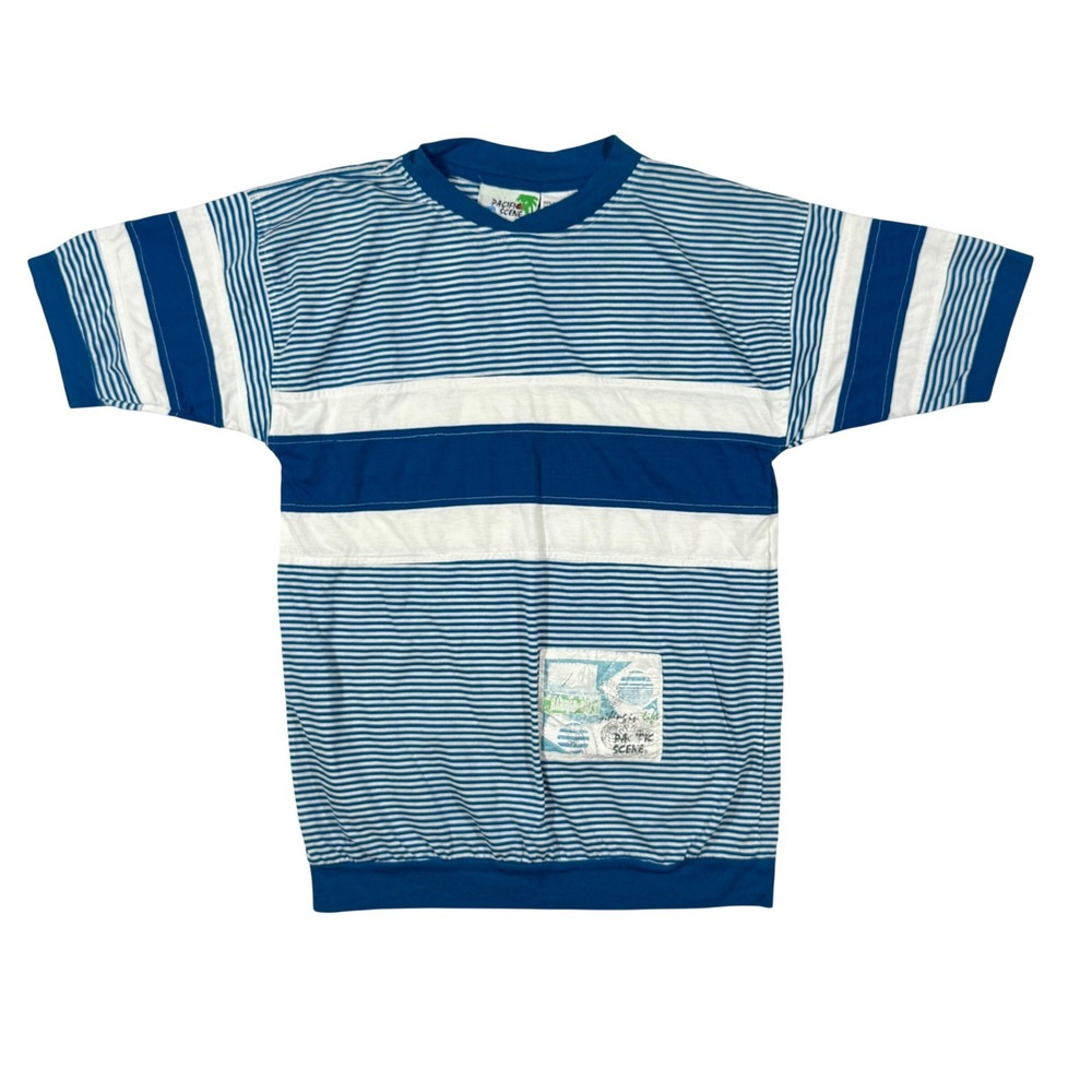VTG Pacific Scene Blue White Striped Shirt Mens S 80s 90s Surf Coast Skate Retro